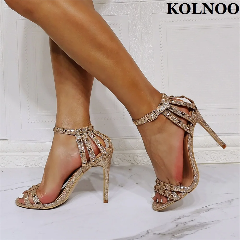 

Kolnoo New Glitters Handmade Womens High Heel Sandals Rivets Studded Summer Sexy Evening Party Prom Fashion Daily Wear Hot Shoes