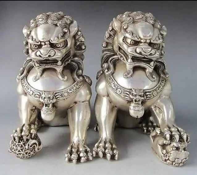 

5INCH CHINESE SILVER BRONZE GUARDIAN LION FOO FU DOG STATUE DECORATION CRAFTS STATUES & SCULPTURES