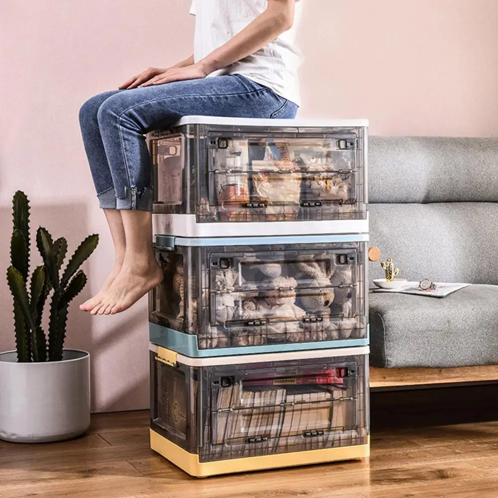 

Movable Transparent Home Office Book Storage Box Basket Finishing Toy Clothing Organizer Box with Wheel Open Side Folding Case