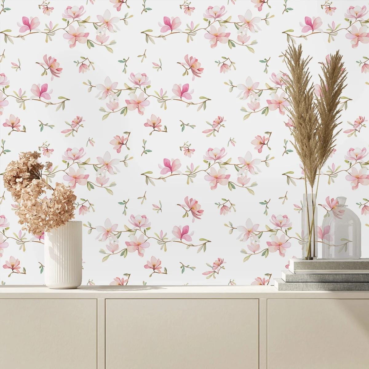 Pink Floral Wallpaper bloosm,  Blooming Flowers Wallpaper in soft Pink Color, Traditional wallpaper