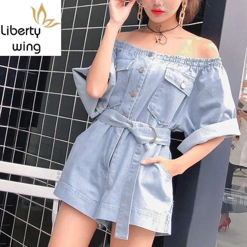 Belted Streetwear Off Shoulder Short Summer Overalls For Women Denim Playsuits Bandage Jumpsuit Loose