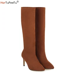 Frauen Mode Stiefel 2023 Frühling Herbst Flock Knie High Heels Plus Größe 47 48 49 Weibliche Pumpen Koreanische Stil Casual schuhe