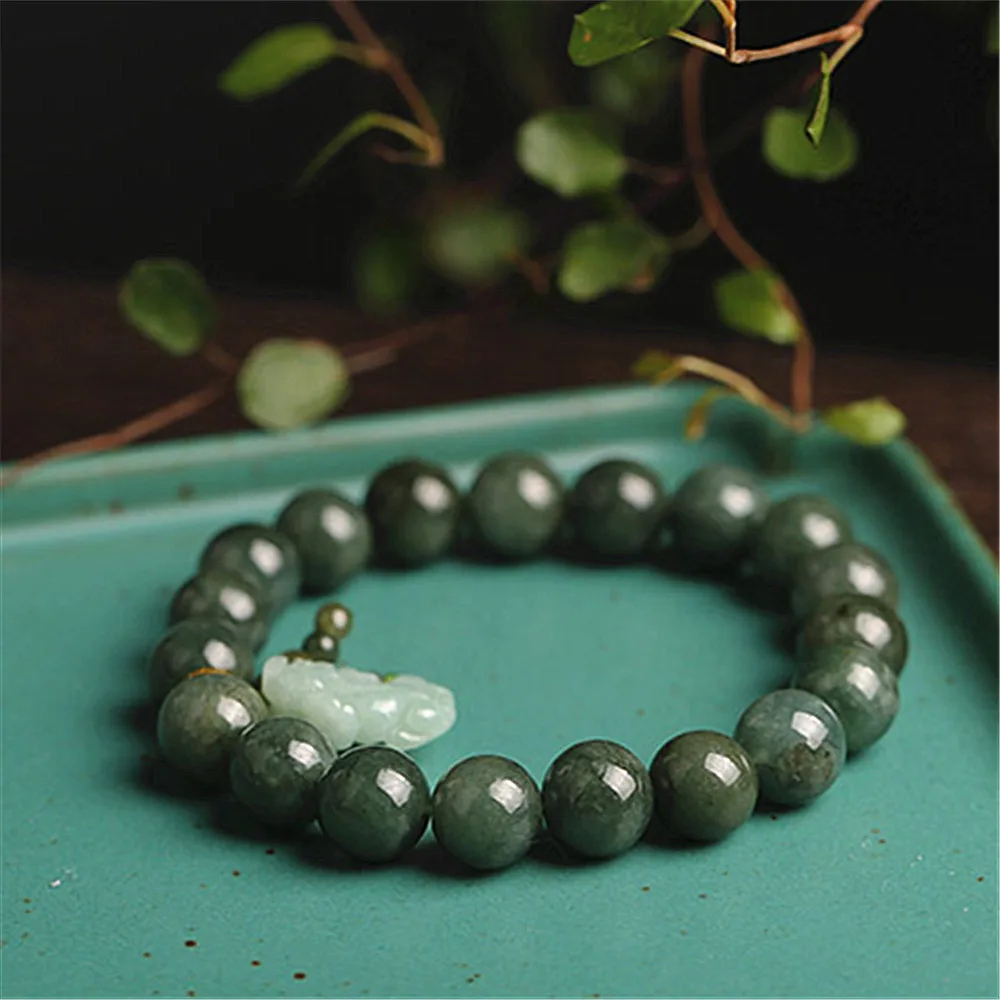 Natural Grade A Jade Jadeite Round Bead With Hand-Carved Pixiu Charm Link Bracelet Men and Women Adjustable Bangle Lucky Jewelry