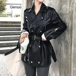 Mode Herbst Winter Frauen Oversize Freund Gefälschte Faux Leder Jacken Dame Schwarz Zipper Motorrad Biker Mäntel mit Gürtel