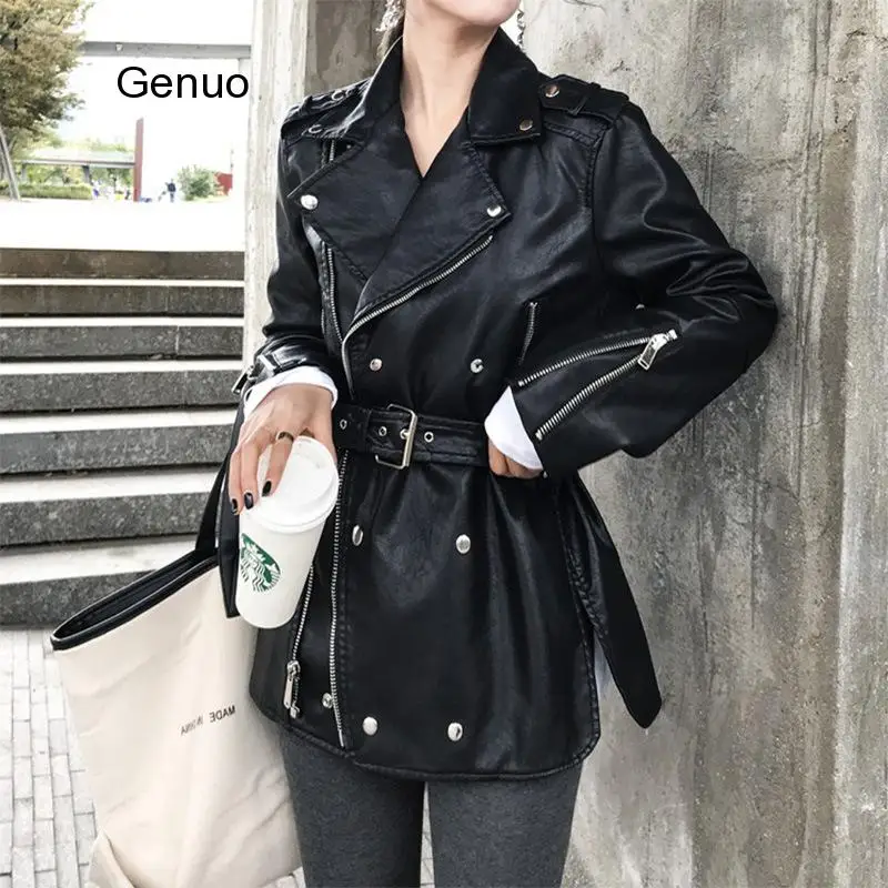 Fashion Autumn Winter Women Oversize Boyfriend Fake Faux Leather Jackets Lady Black Zipper Motorcycle Biker Coats with Belt