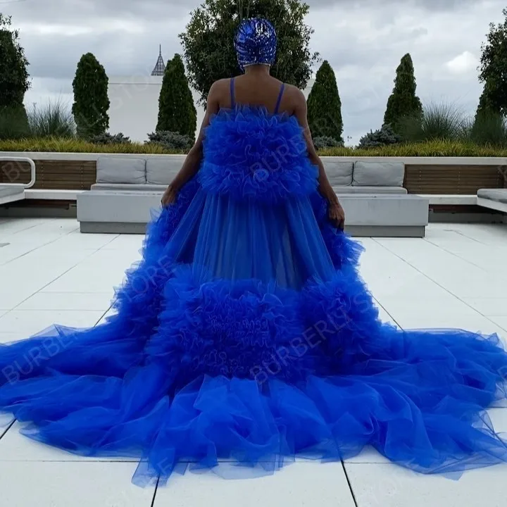 Royal Blue Lush Birdal Dress Tulle Robes Women Maternity Tulle Gowns For Photo Shoot Dress With Long Train Formal Overlay Dress