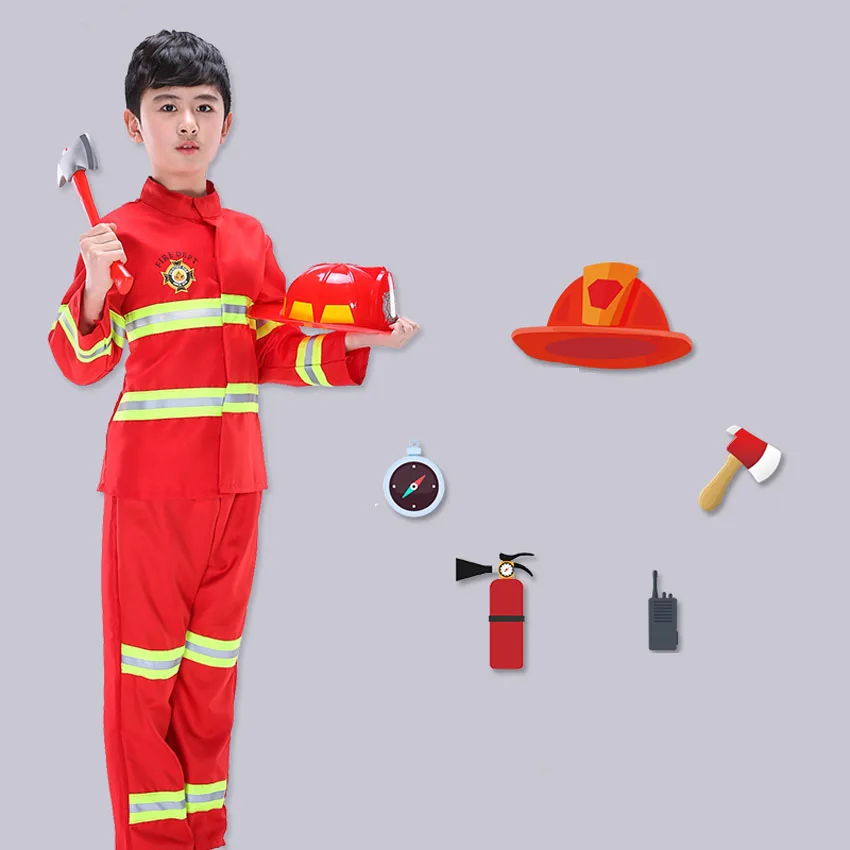 Carnival Kids Cosplay Roleplay Fancy Uniform Christmas Gift for Children Firefighter Suits with Belt  Kids Fireman Costumes