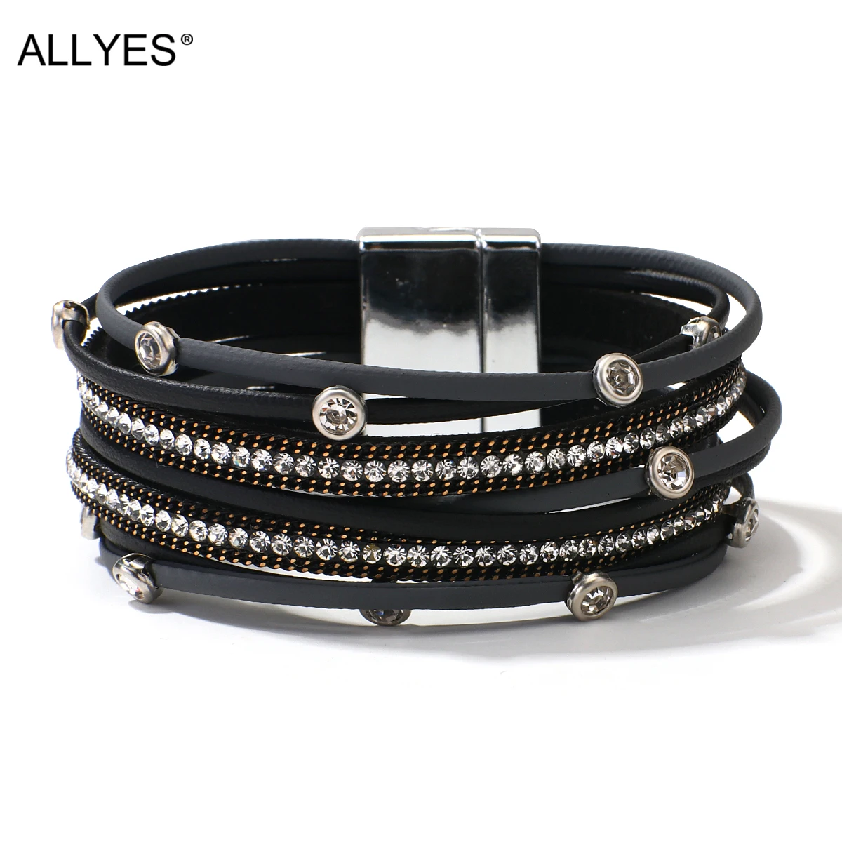 ALLYES Simple Multilayer Crystal Leather Bracelet for Women Men Fashion Rhinestone Bracelets Bangles Armband Luxury Jewelry