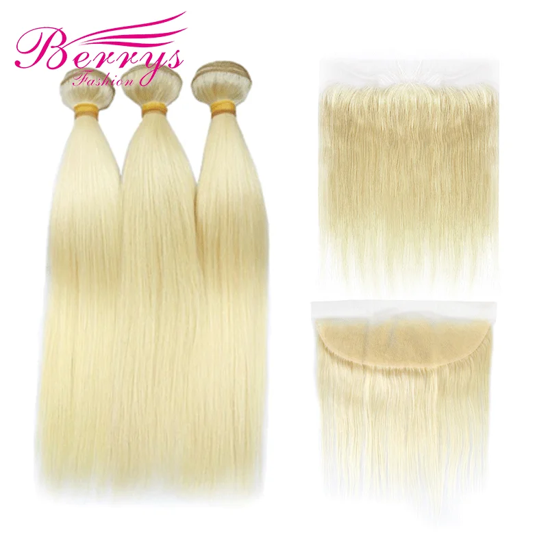 Berrys Fashion blond prosto 2/3 wiązki z przednim brazylijskim wiązki dziewiczych włosów z 13x4 przednim zamknięciem blond 613 włosy