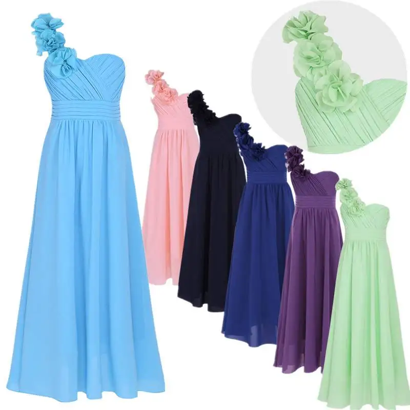 Kid Girls Child Flower Chiffon Tulle Lace Dress Wedding Bridesmaid One-shoulder Formal Party Summer Maxi Dance Prom Gown Dress