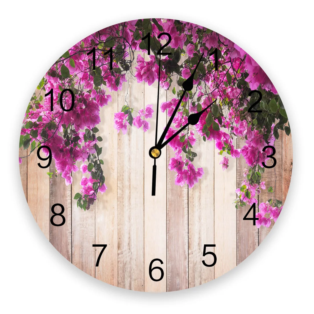 Red Flowers Planks Leaves Plant Wall Clocks Non Ticking for Girl Boy Bedroom Bathroom Kitchen Living Room Office Round Clock