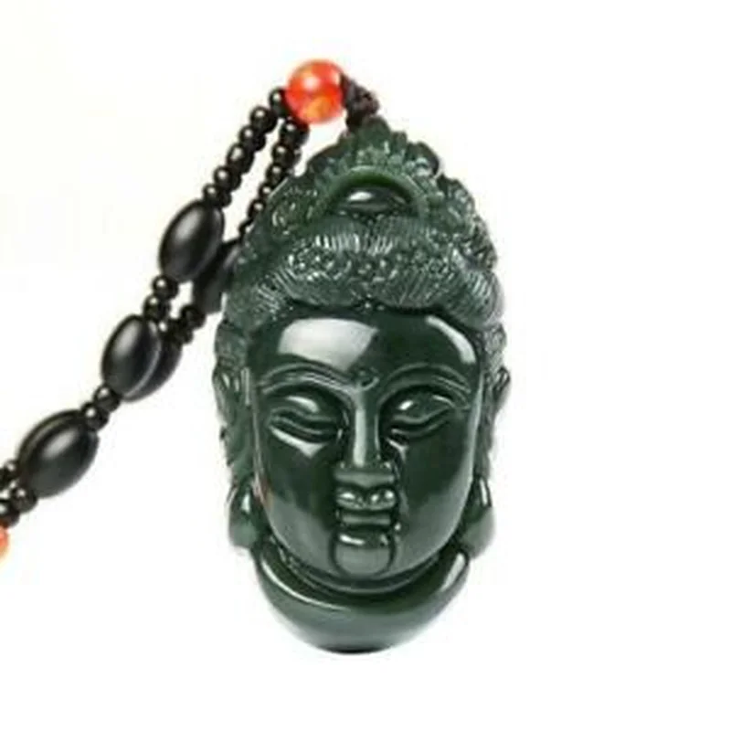 Chinese Natural Hetian Green Jade Buddhism Guanyin Head Vogue Necklaces Pendants