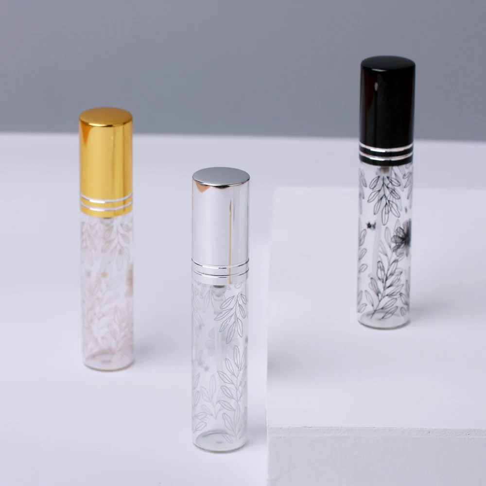 100 teile/los 5ml 10ml tragbare Blumenmuster Glas parfüm flasche mit Zerstäuber leere kosmetische Mini nachfüllbare Flaschen