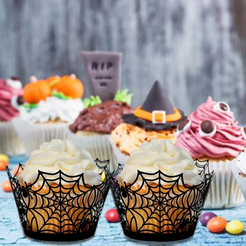 50pcs Black Spider Web Laser Cut Cupcake Liners Halloween Party Cupcake Wrapper Baby Shower Muffin Case Trays Cake Tools