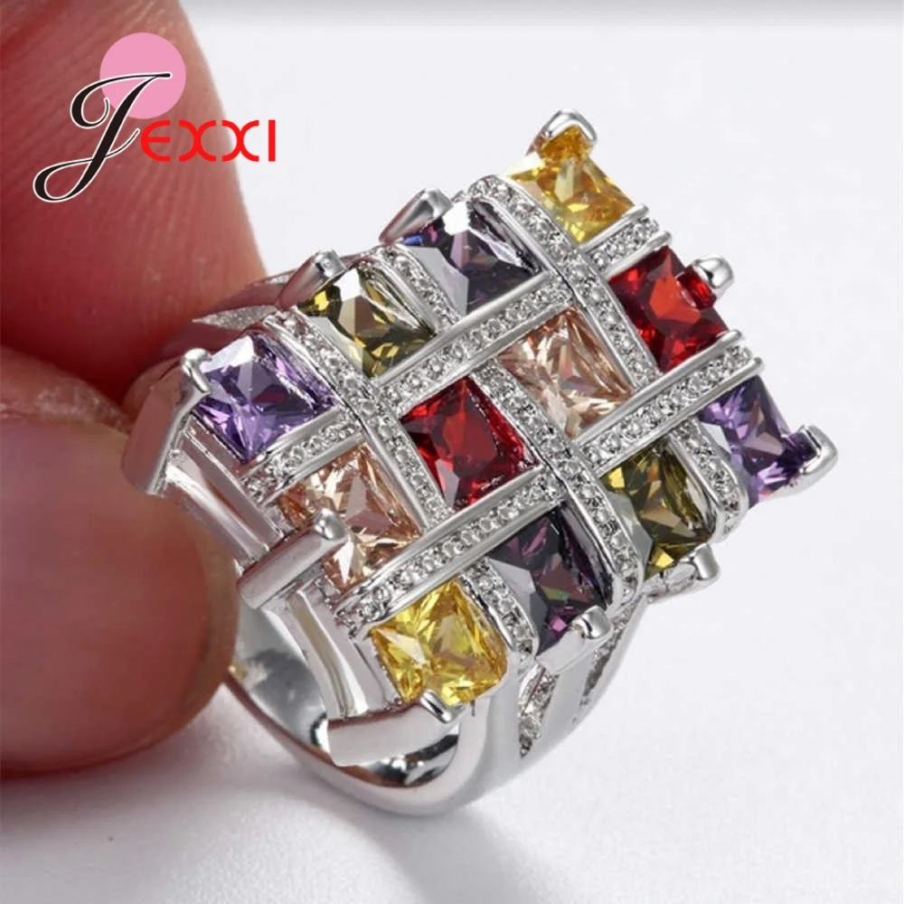 Boutique Women 925 Silver Needle Colorful Geometric Finger Rings Square Big Cubic Zircon Romantic Promise Engagement Jewelry