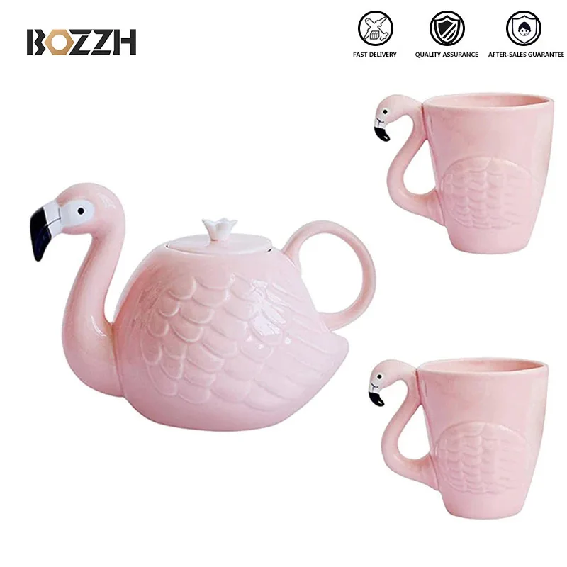 BOZZH Ceramic Tea Set Creative Flamingo Teapot Drinking Tea Cup Sets Water Coffee Cup Fruit Juice Mugs Set Teaware