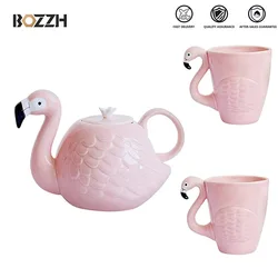 BOZZH Ceramic Tea Set Creative Flamingo Teapot Drinking Tea Cup Sets Water Coffee Cup Fruit Juice Mugs Set Teaware