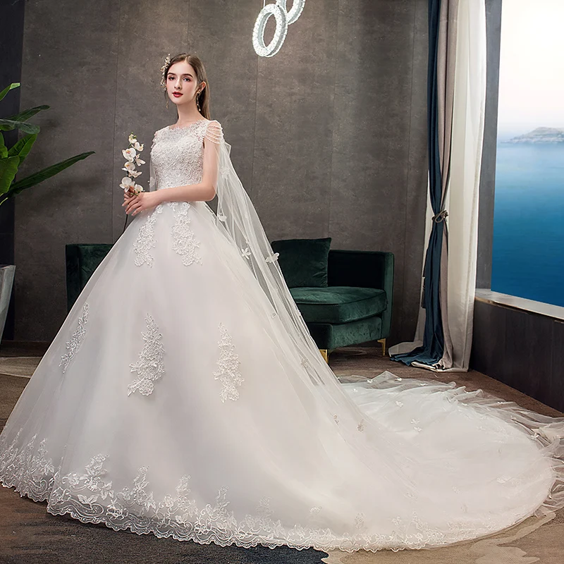 Y&M Novias Plus Size Wedding Dress With Long Cap Lace Wedding Gown With Long Train Embroidery Princess Bridal Dress