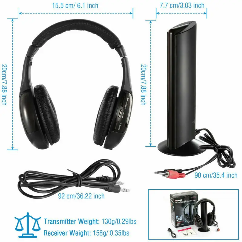 Sem fio Headset de som de alta fidelidade, rádio RF Mic, fone de ouvido sem fio, MP3, MP4, PC, TV, DVD, CD, 5 em 1