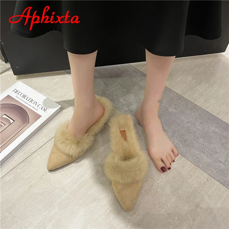 Aphixta Warm Real Rabbit Hair Slippers Women Shoes Winter Pointed Toe Luxury Real Fur Square Heel Lady Mujer Indoor Slides