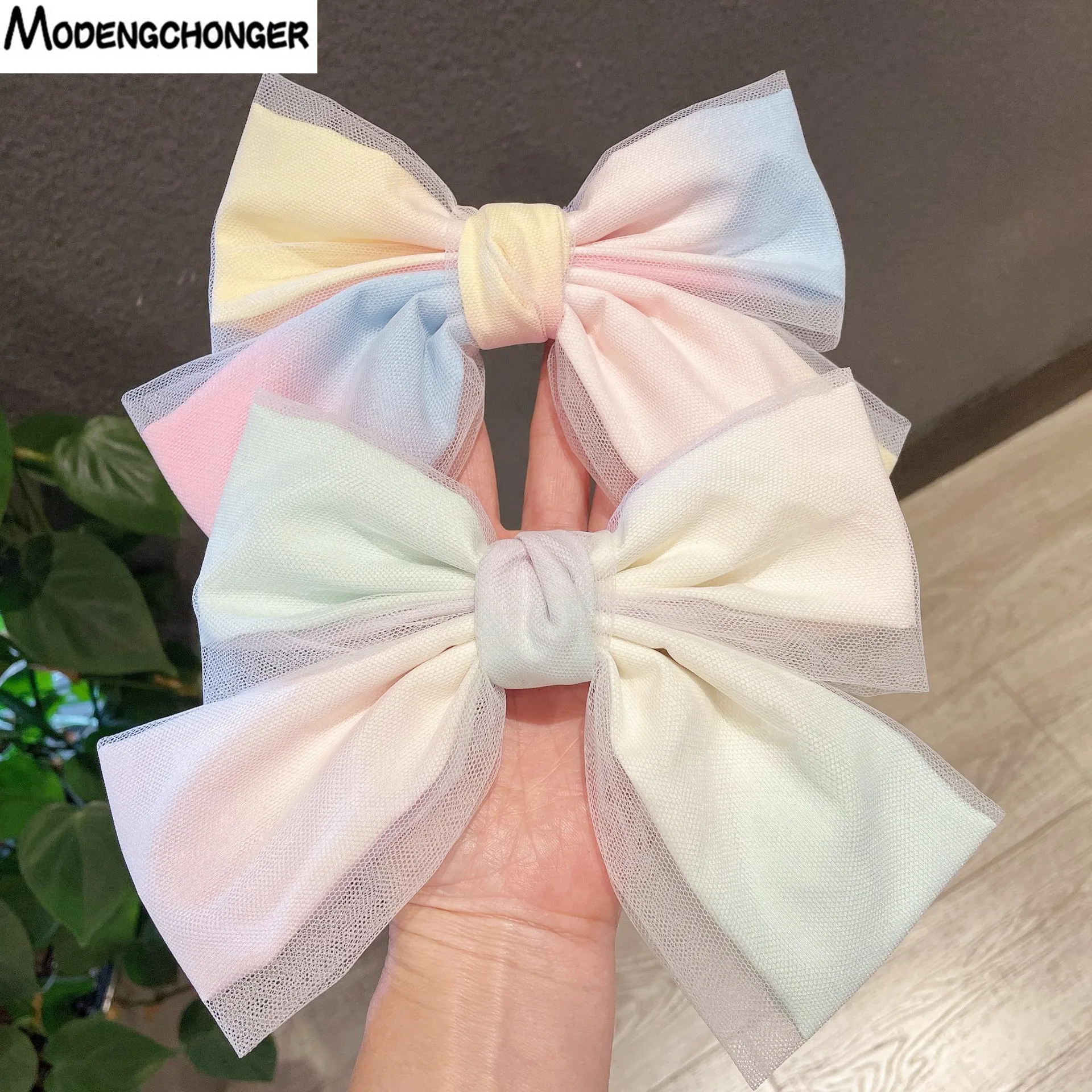 1PC New Fashion Rainbow Color Double-layer Mesh Bow Barrette Hairpin Temperament Top Clip For Woman Headwear Hair Accessories