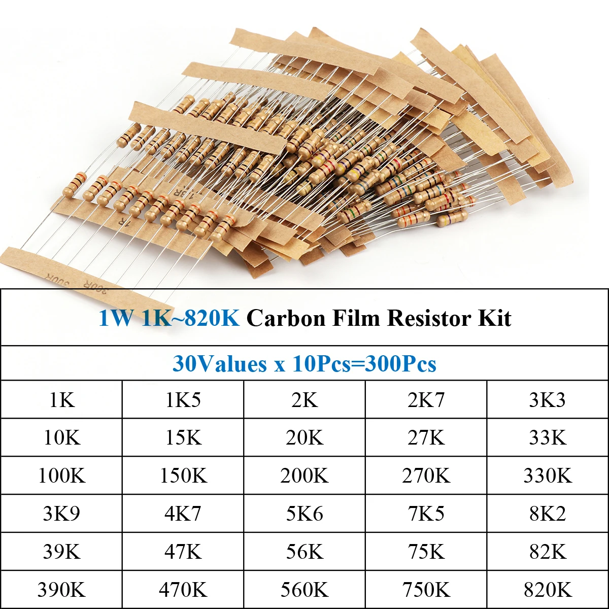 300Pcs 1W 1K~820K Carbon Film Resistor Assorted Kit 30Values x 10Pcs=300Pcs Sample Kit Color Ring Resistance