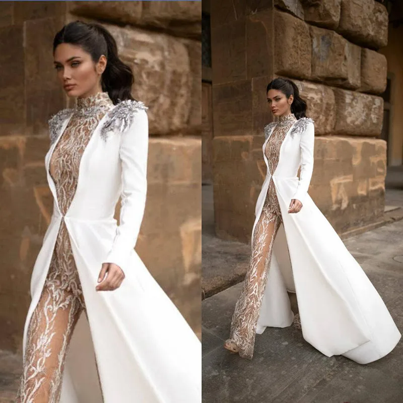 Sexy aberto para trás calça terno vintage champagne macacão de casamento com casaco longo jaqueta 2023 renda applique frisado pescoço alto duas peças