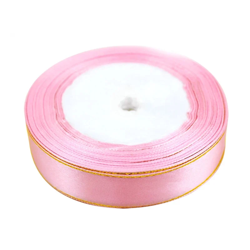 (25 yards/roll) pink gold Edge Satin Ribbon Wholesale Gift Christmas ribbons (6/10/20/25/40mm)