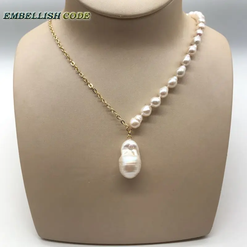 

NEW Design Charming Choker Half Necklace Baroque Pearl Freshwater Pearls 2.5mm Copper Chain With Nucleated Flameball Pendant