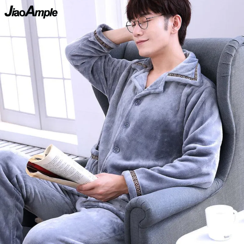 Men's Pajamas Winter Thickened Flannel Pyjamas Men's Cardigan Long-sleeved Trousers Warm Pajamas Sleepwear Two-piece Suit