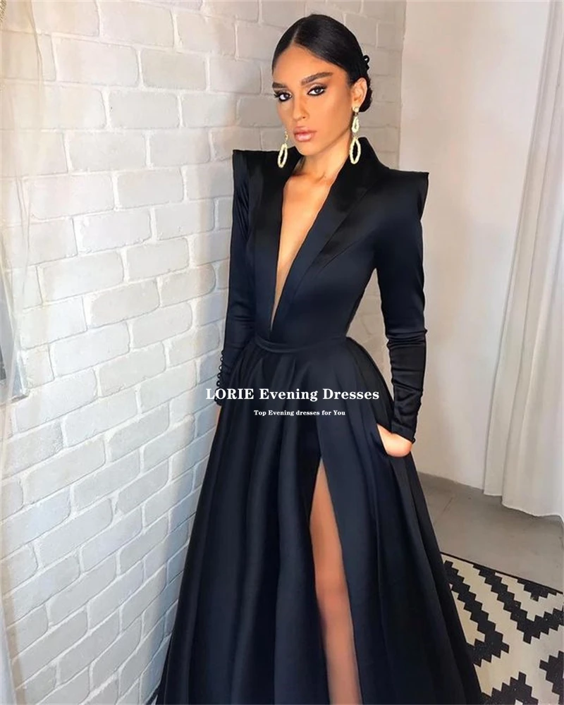 LORIE Simple Black Long Meramid Evening Dresses 2022 Side Split V-neck Long Sleeves Formal Prom Dress Arabic Dubai Party Gowns