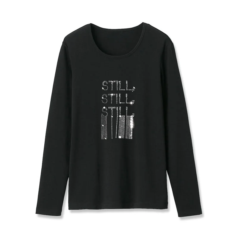 

Spring and Autumn Street leisure new Fashion Loose long-sleeve T-shirts for women personality Letter Hot diamonds female tops