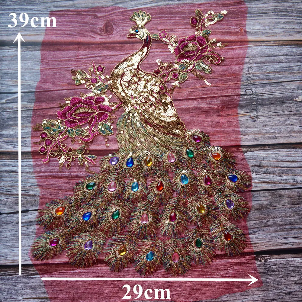 Sequin Peacock Rainbow Rhinestone Feather Tail Embroidered Gown Appliques Lace Fabric Red Mesh Sew Patch For Wedding Decoration