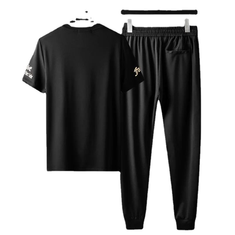 Men's Black Suit, Korean Fashion Flying Wings Pattern Hot Diamond T-shirt and Trousers Two-piece Suit, Men's Jogger Sportswear