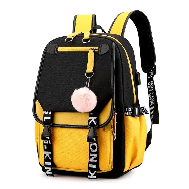 

Fashion School Backpack For Girl Yellow Book Bag Student Pink Black Backpack Usb Port Waterproof Large Capacity Schoolbag