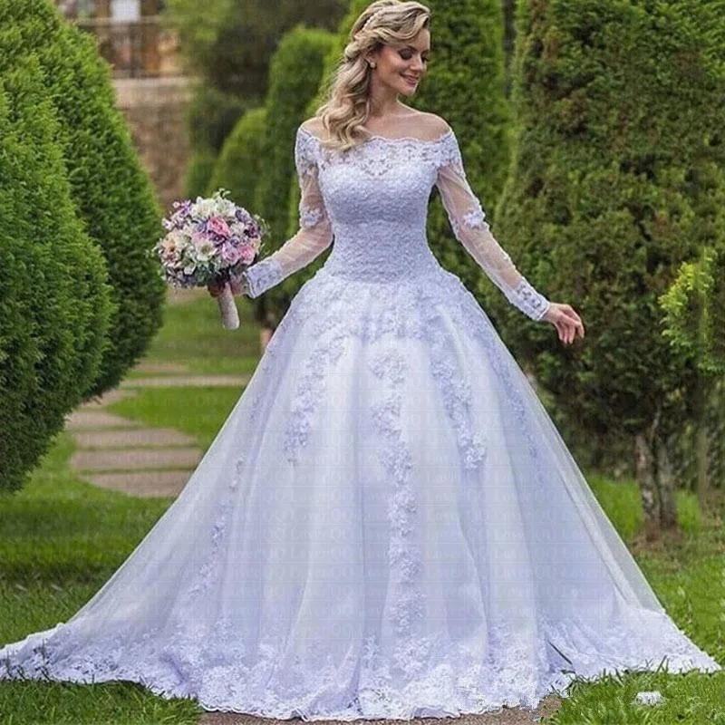 Vestidos De novia elegantes De encaje De princesa, Vestidos De novia De manga larga con hombros descubiertos y cuentas con apliques