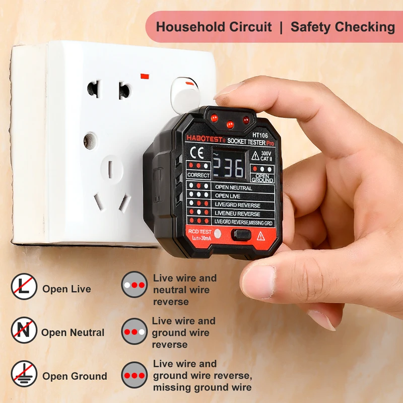 HABOTEST Socket Tester Pro Circuit Fault Detector Electrical Outlet Tester 30mA RCD Test Ground Live Wire Check EU UK Plug HT106