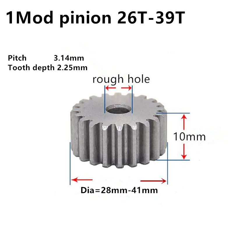 Spur Pinion 1 Mod 26t 27t 28T 29T 30T 31t 32t 33t 34t 35t 36t 37t 38t 39t Straight Teeth Steel Positive Gear CNC Rack Motor Gear