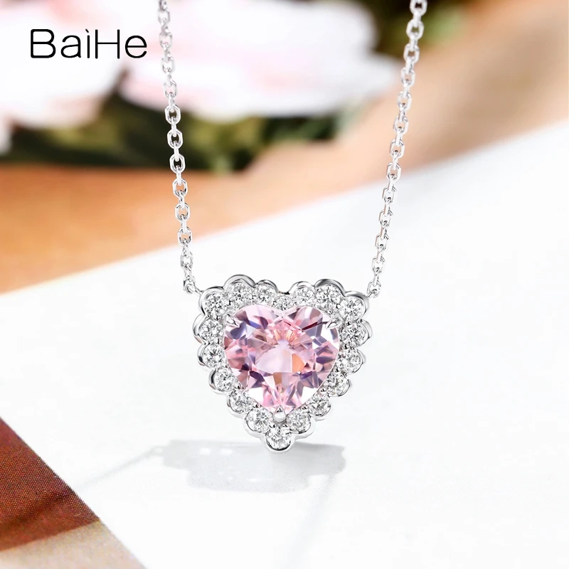 BAIHE Real Solid 18K White Gold Morganite Natural Diamond Heart Necklace Women Birthday Gift Fine Jewelry Making Collar corazón