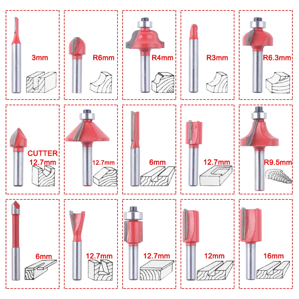 12Pcs 15 Stuks 6.35Mm Shank Frees Frees Voor Hout Flush Trimmen Straight Bit Hardmetalen Snijgereedschap houtbewerking
