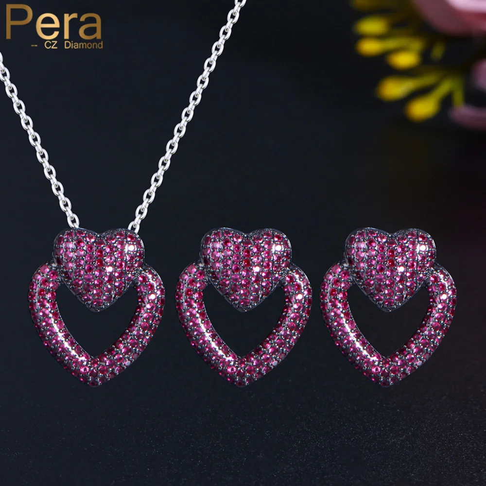 Pera Romantic Double Love Heart Shape Fuchsia CZ Zircon Black Gold Color Earrings Necklace Jewelry Set for Best Friend Gift J440