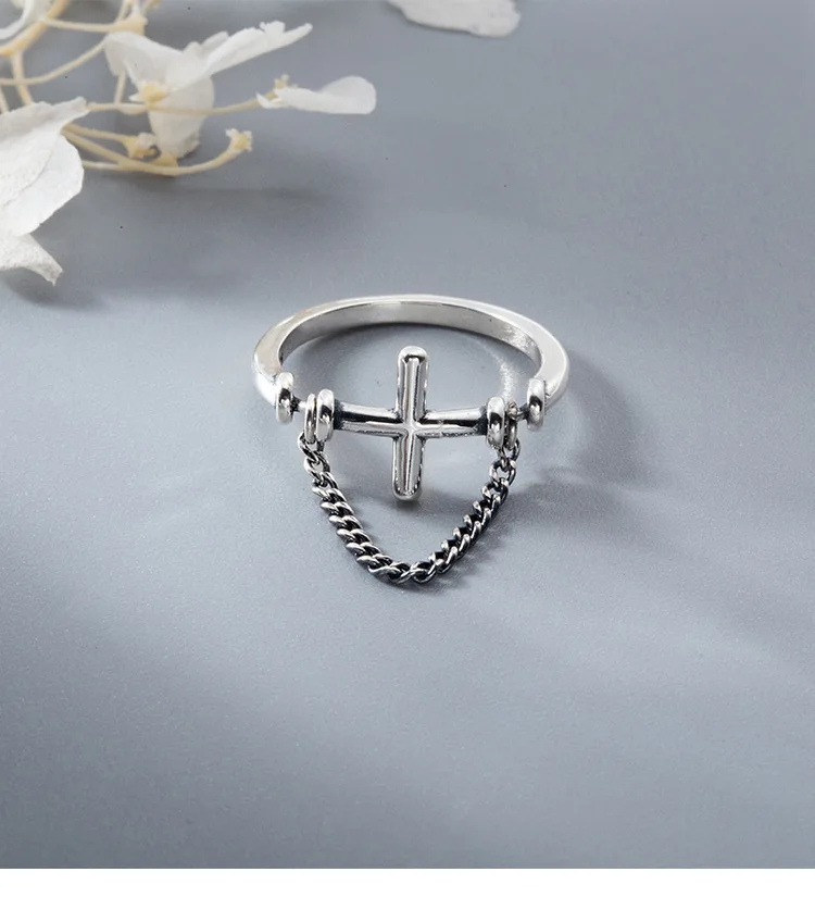 Retro High-quality 925 Sterling Silver Jewelry Personality cross chain tassel double lines  Arrow Opening Rings