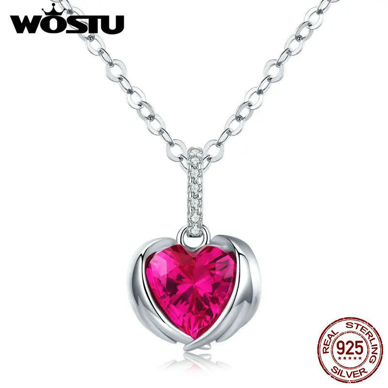 WOSTU 100% Real 925 Sterling Silver Big Red Guardian Hearts CZ Necklace Making Fashion Jewelry For Women Engagement CQN341