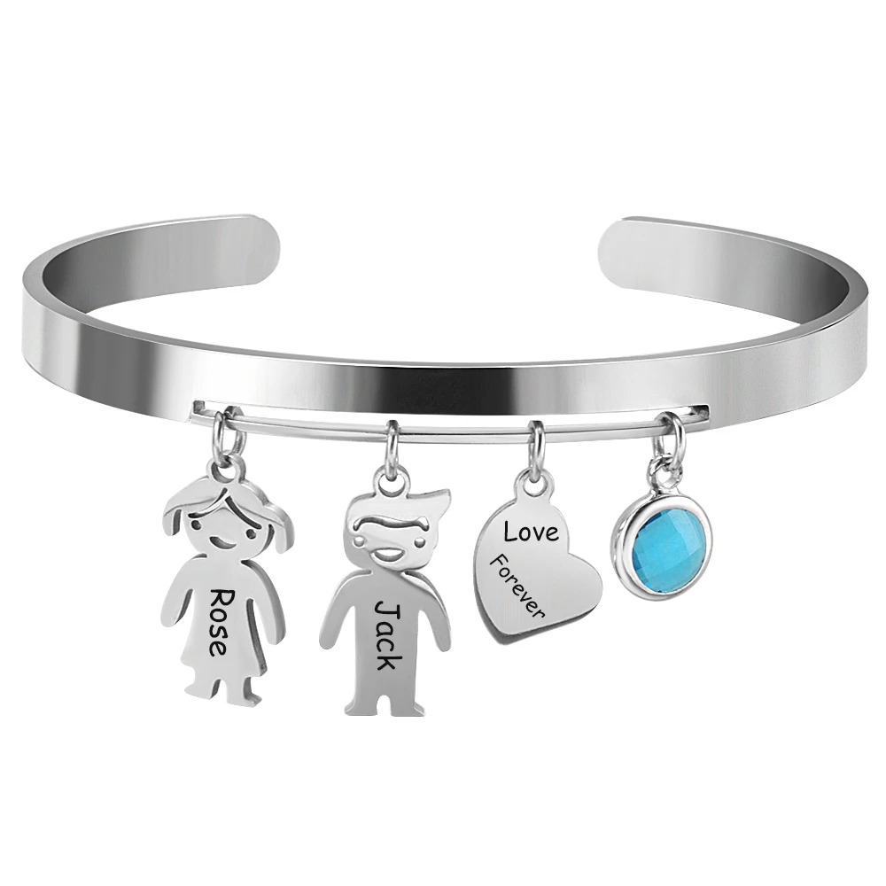 Bracelets Personnalisés avec Nom Gravé pour Femme, Garçon, Fille et Enfant, Breloques en Acier Inoxydable, Manchette, Pierre de Naissance, Cadeau pour Famille et Amis