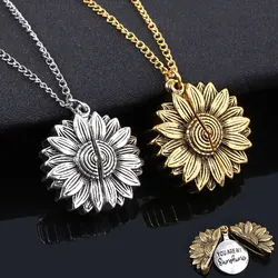 Sunflower Woman Necklace You are my sunshine Open Locket Double-layer Engraved Letter Pendant Necklace Jewelry