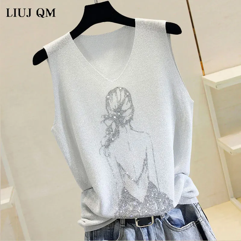 2024 Summer Tank Top Women Thin Bright Silk Knitted Shirt Women\'s Fashion Girl Rhinestones Sleeveless Vest Outwear Female Tops