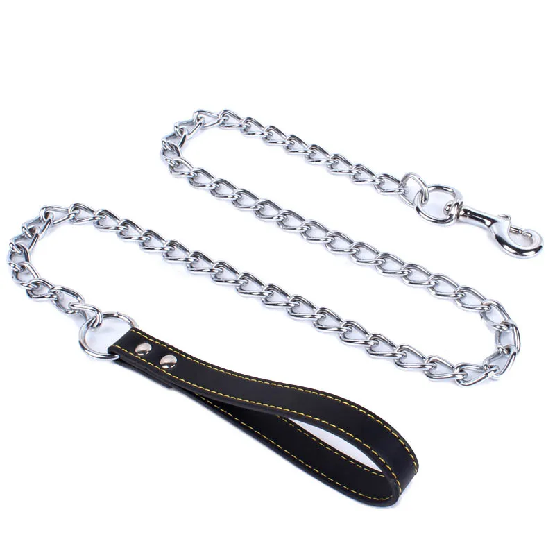 Durable Pet Dog Chain Metal Leash For Small Medium Dog PU Handle Leather Iron Chain Leash Anti-Bite Chain Dog Accessories