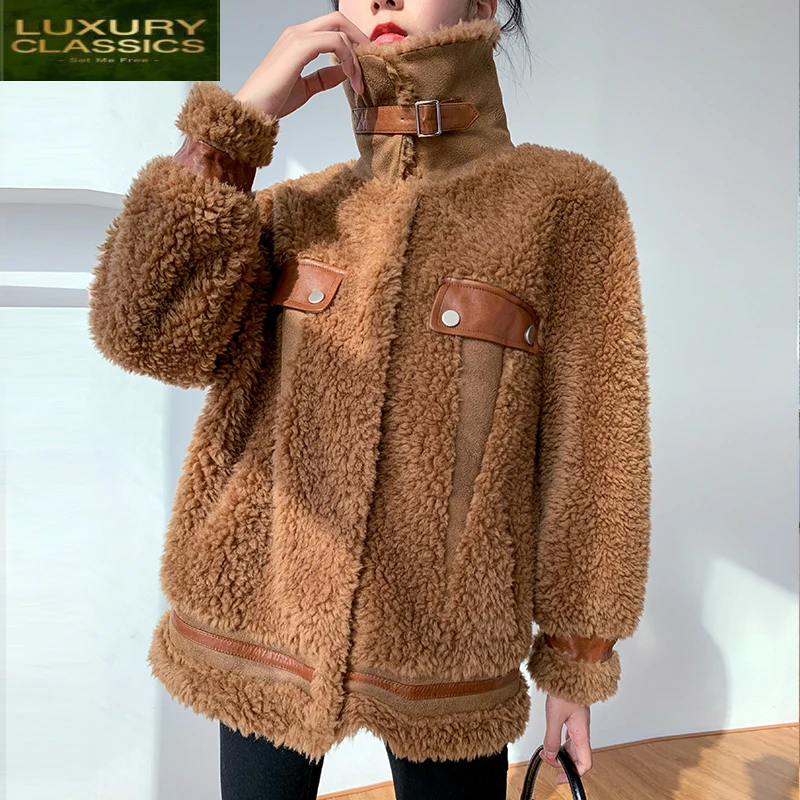 Winter Real Fur 2021 Coat Women Vintage Short Sheep Shearling Overcoat Streetwear Fur Coat 100% Wool Jackets Hiver 991