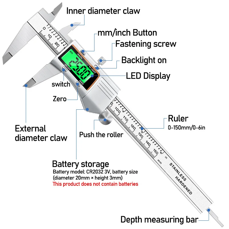 0-150mm vernier caliper stainless steel color LCD digital caliper tool 6 inch depth measurement tool gauge