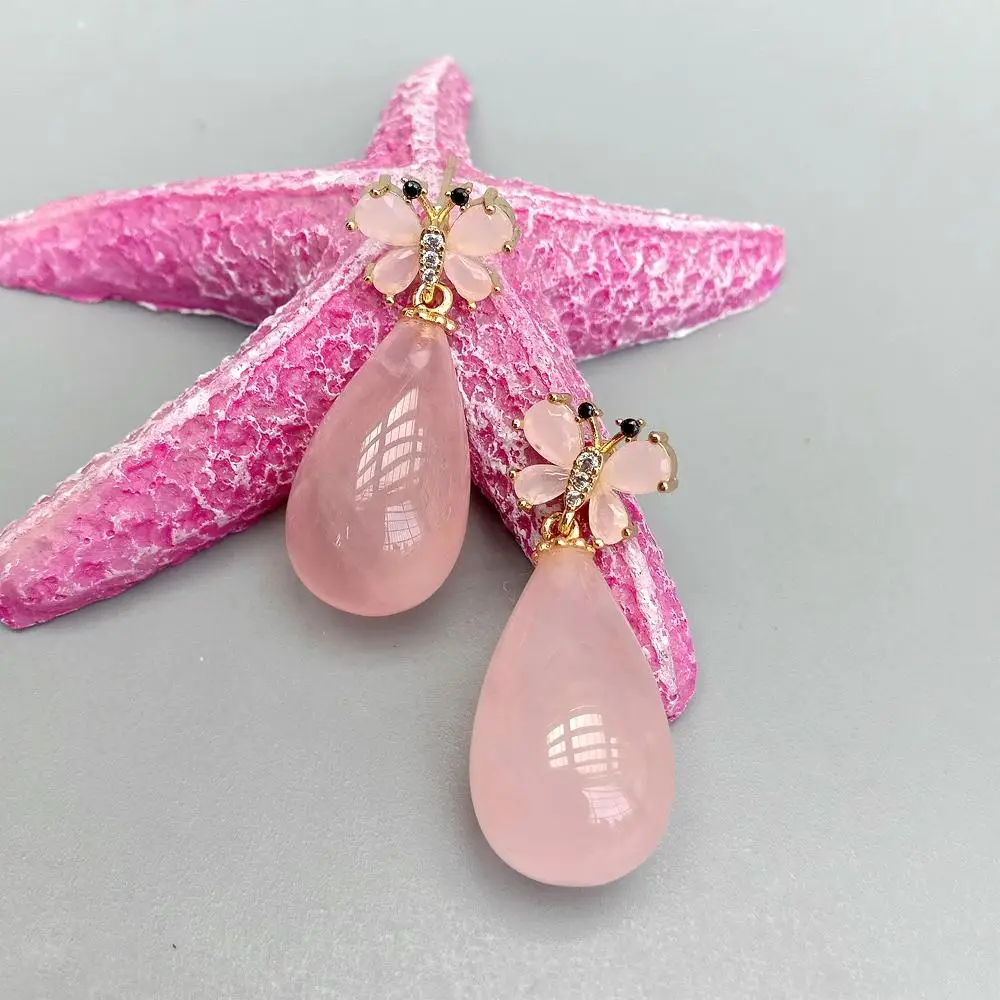 

YYGEM 15x25mm Natural Rose crystal Teardrop Butterfly ShapeStud Earrings
